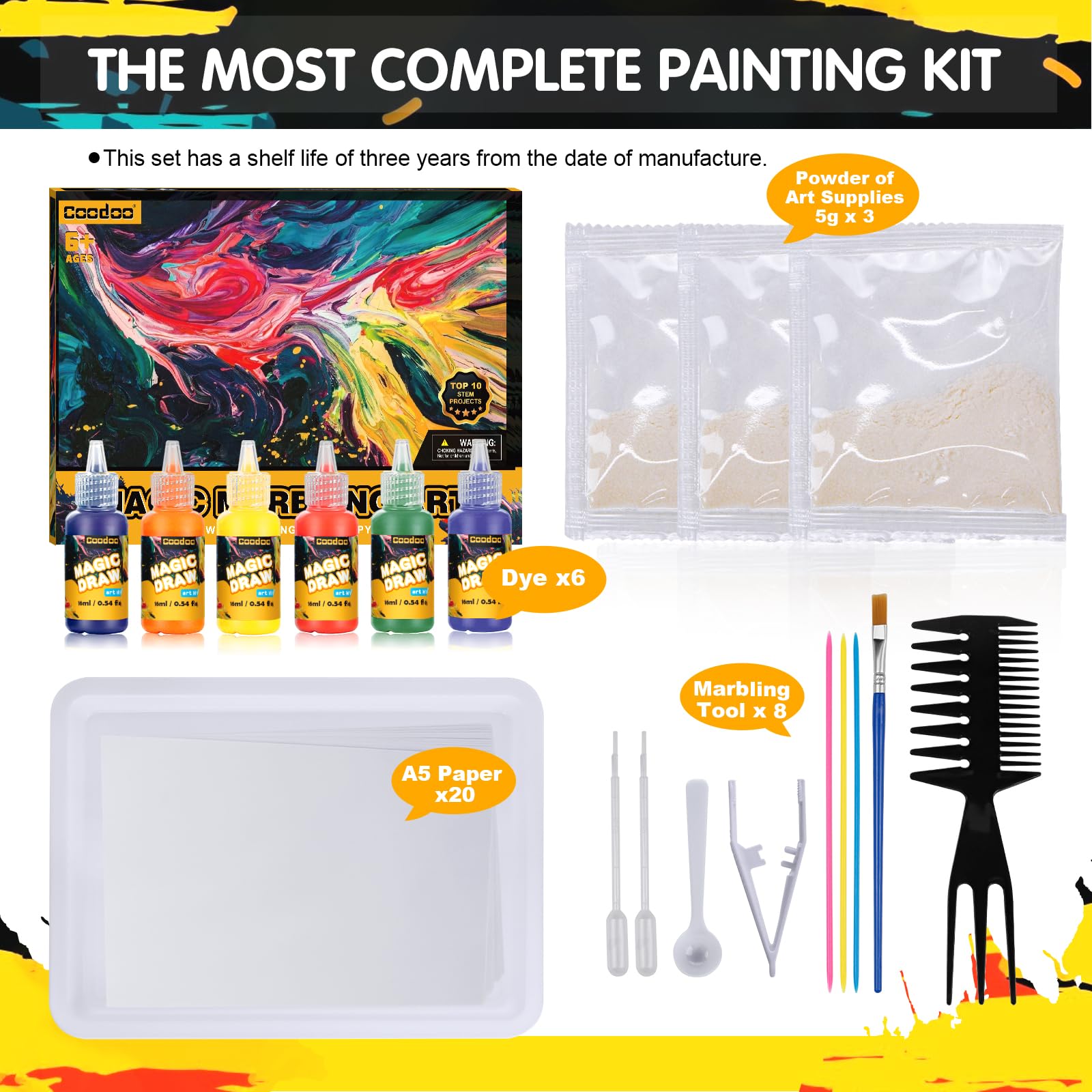 Coodoo water marbling tray and manual provide easy setup.
