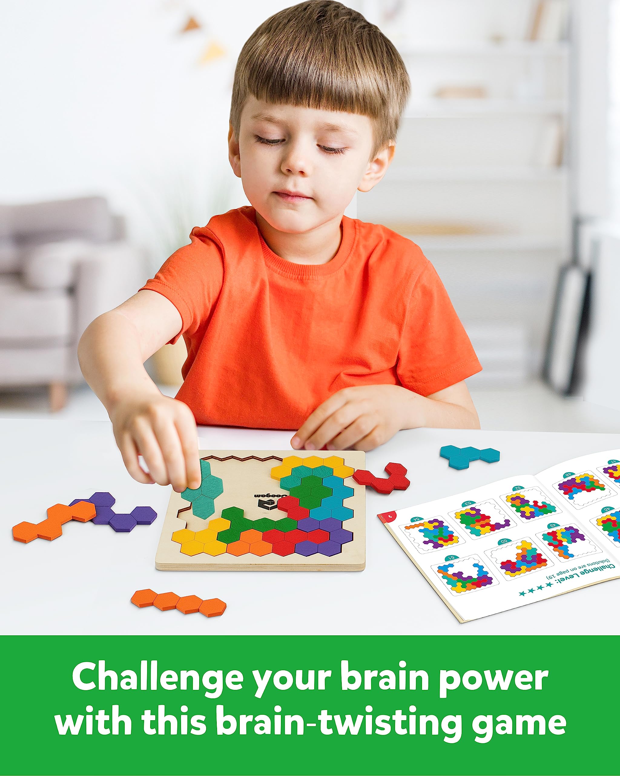 Coogam color shape pattern tangram displays bright blocks for pattern recognition and play.