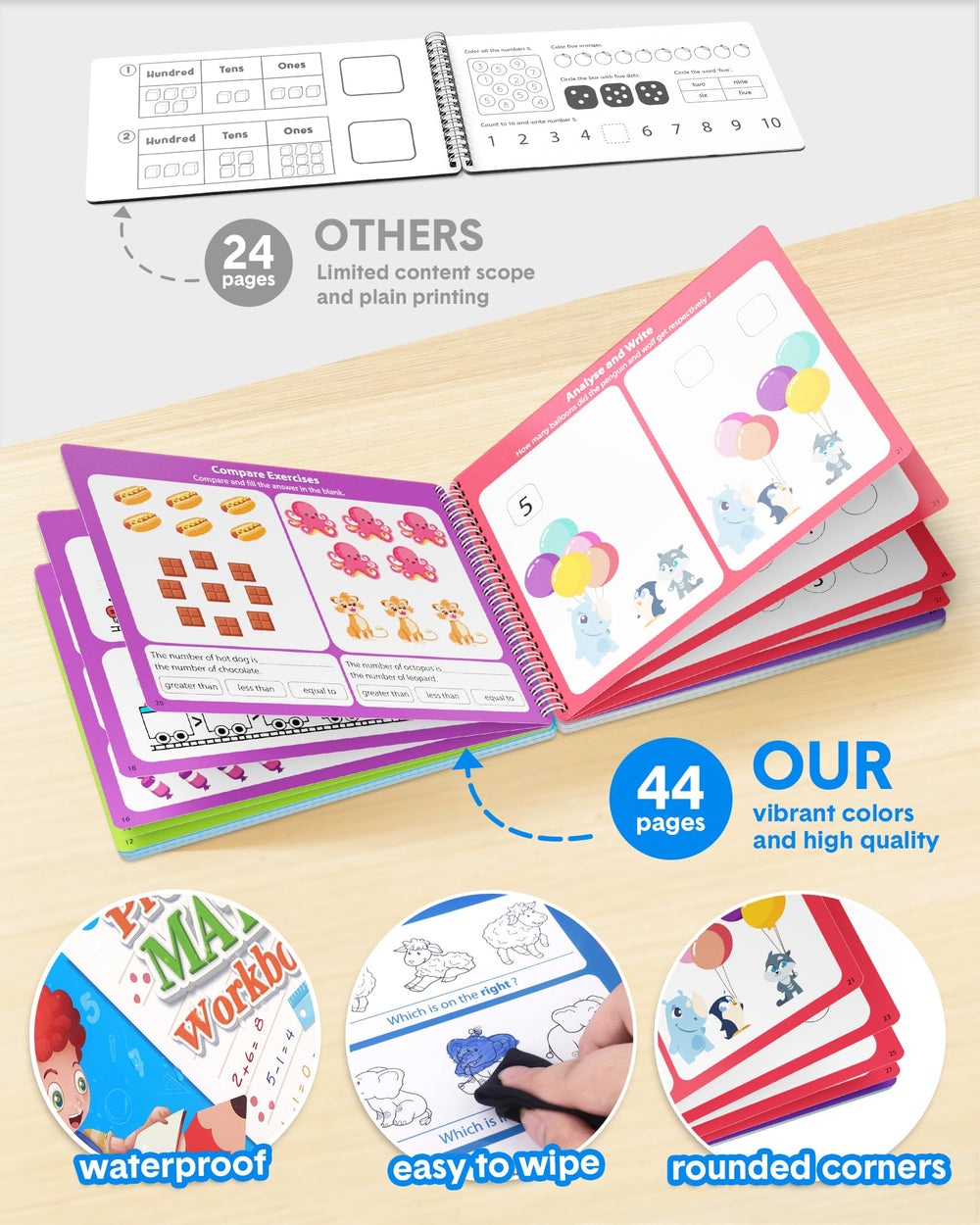 Coogam dry erase math pages are reusable, waterproof, and easy to wipe clean.