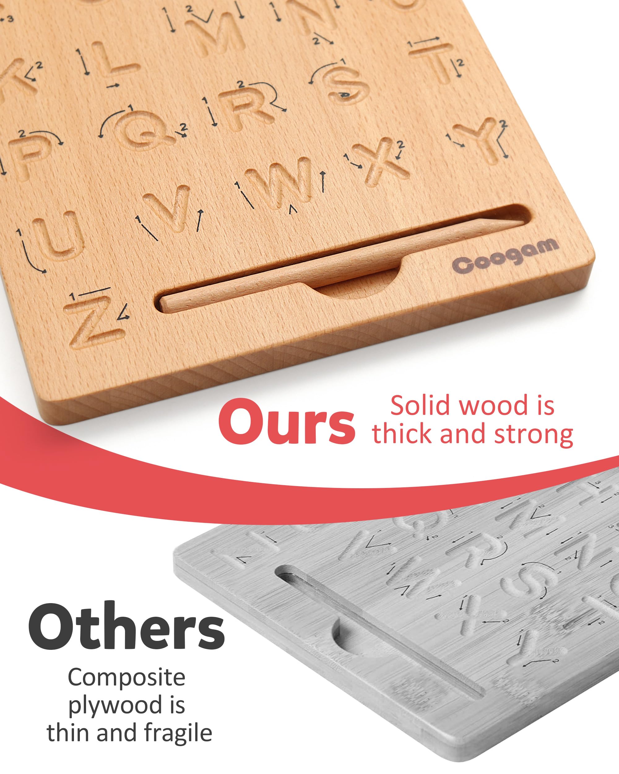 Coogam engraved grooves guide hand movement during letter tracing.