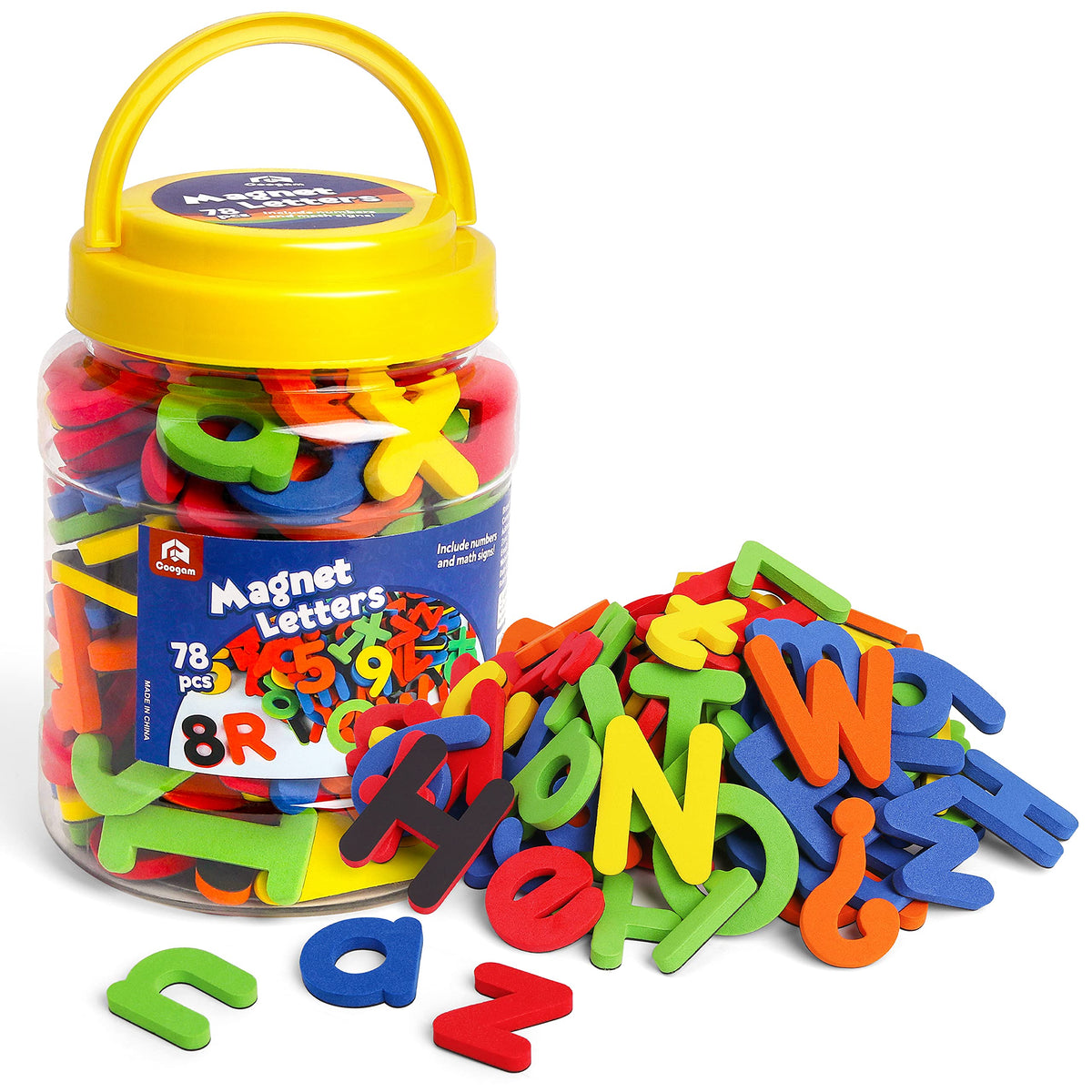 Coogam EVA magnets set with colorful letters and numbers for preschool learning.