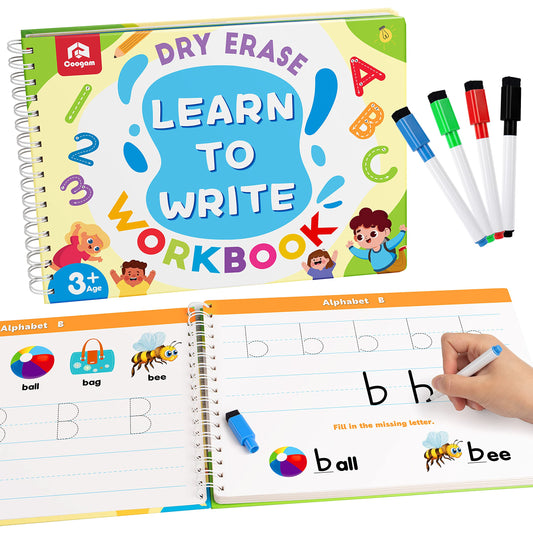 Coogam Learn to Write Workbook cover in bright colors supports early engagement.