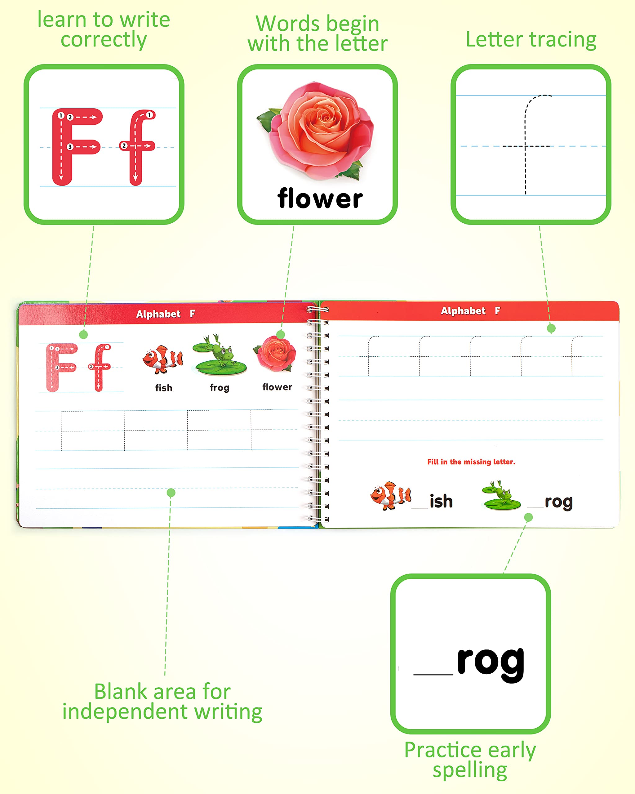 Coogam Learn to Write Workbook open pages with large fonts for tracing practice.