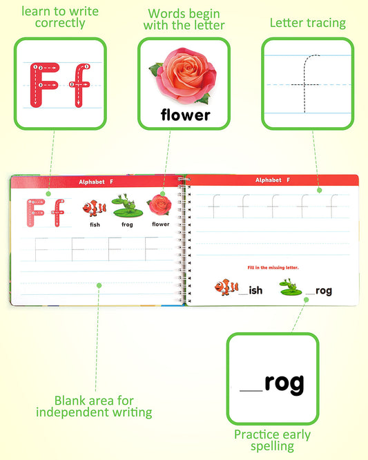 Coogam Learn to Write Workbook open pages with large fonts for tracing practice.