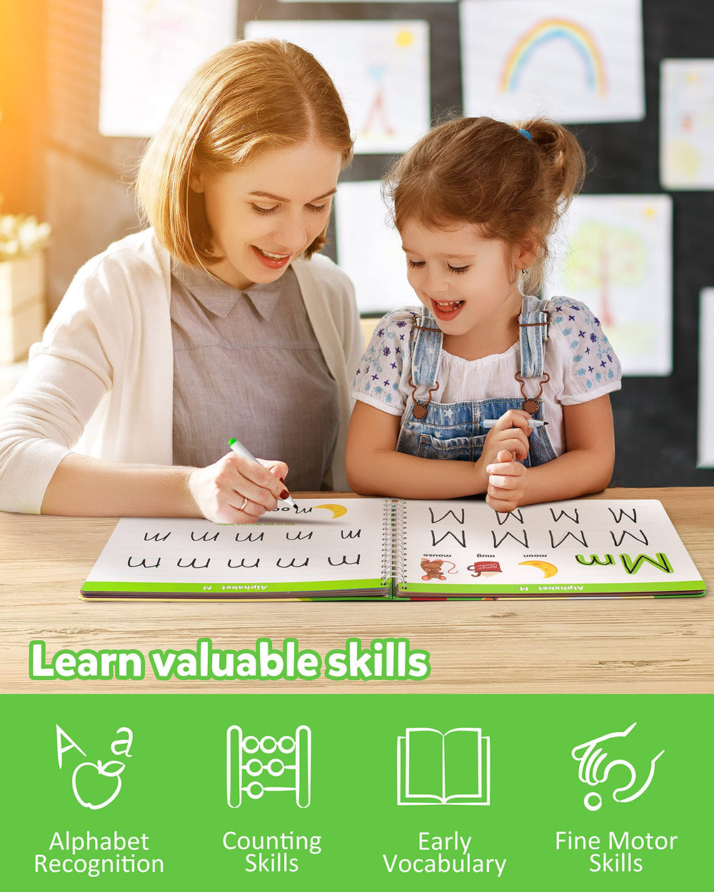 Coogam Learn to Write Workbook wipe cloth facilitates quick clean resets between attempts.