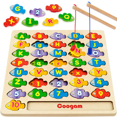 Coogam magnetic alphabet fishing game with wooden setup aids early letter recognition