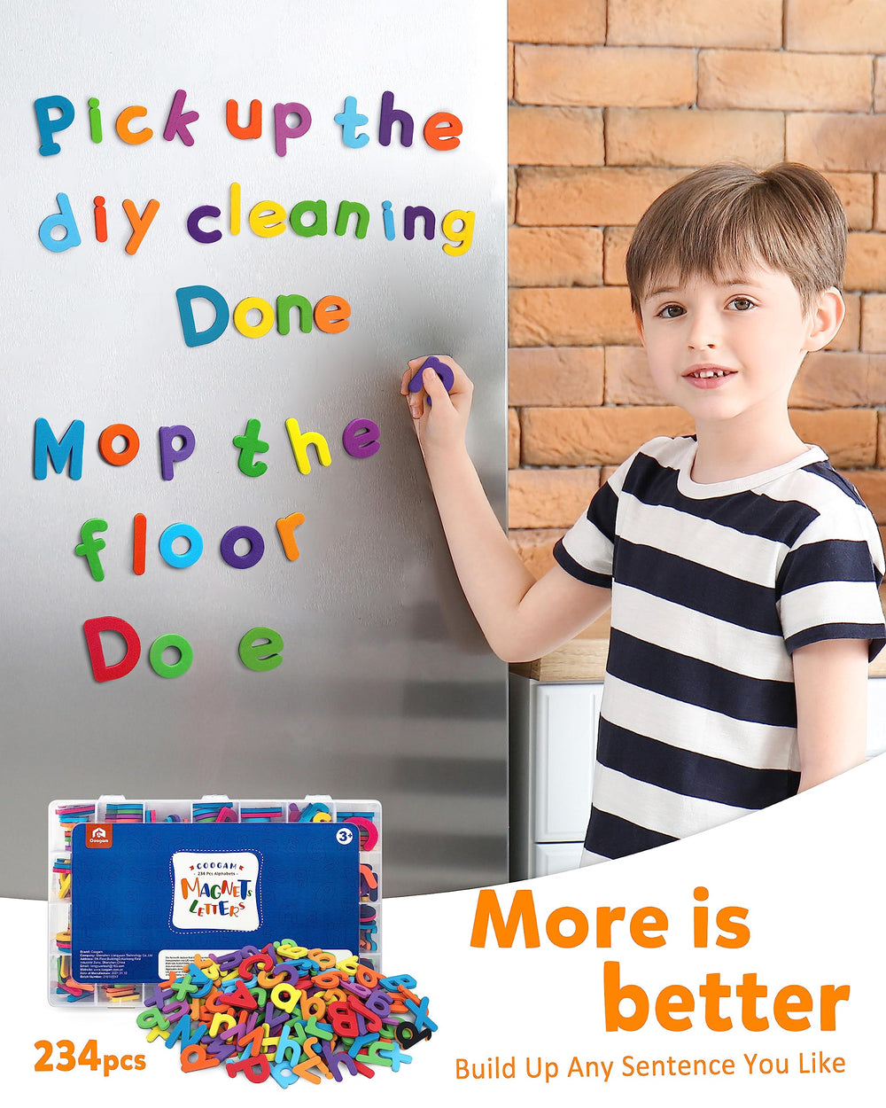 Coogam magnetic board displays letters for hands-on word building.