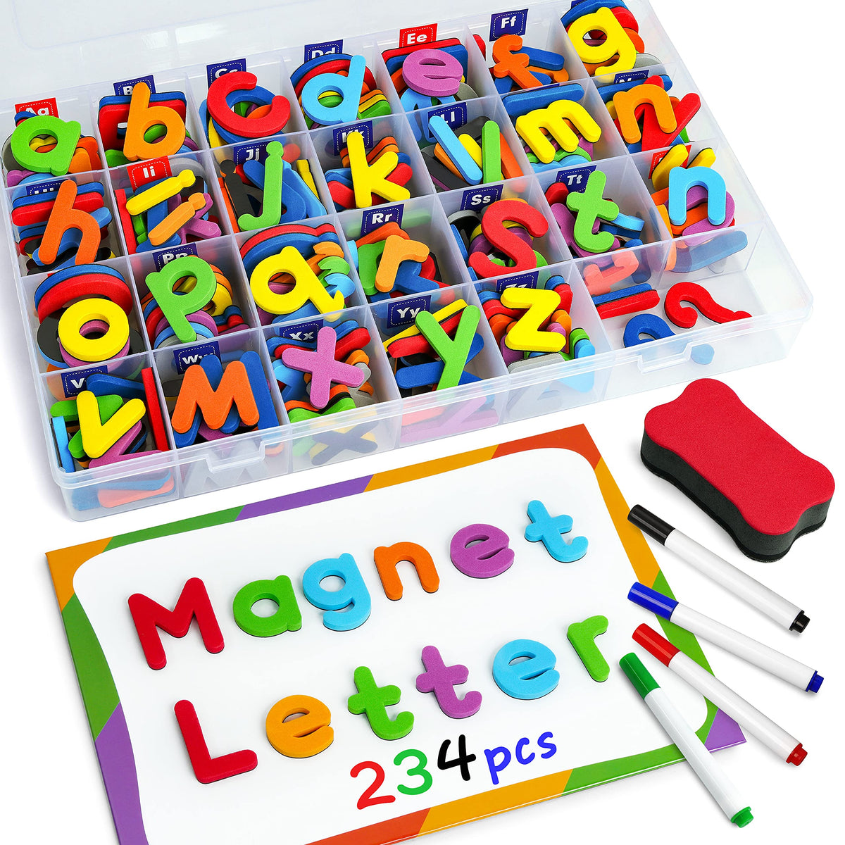 Coogam magnetic letters set in bright colors supports early spelling practice.