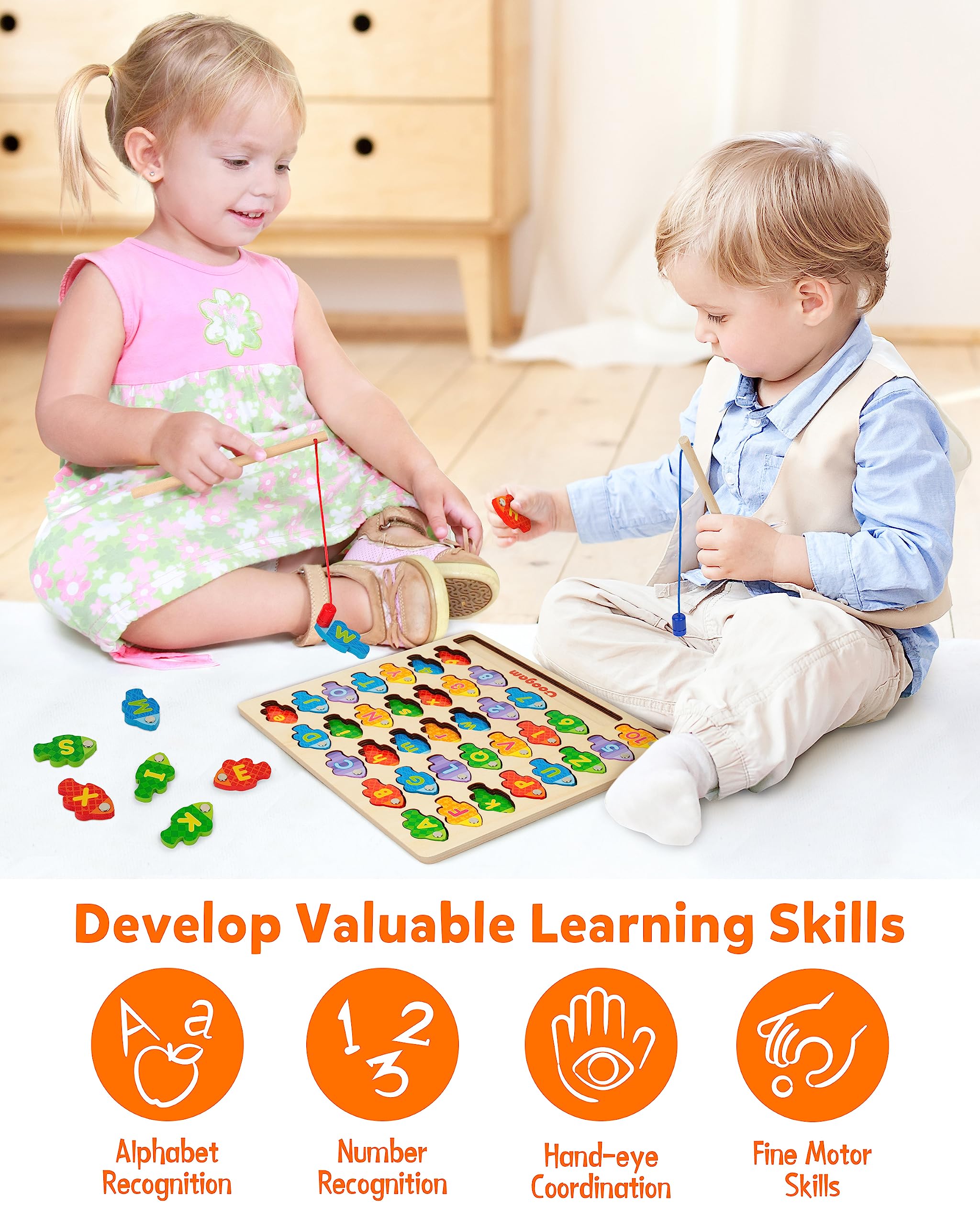 Coogam Montessori board pairs uppercase letters with lowercase targets