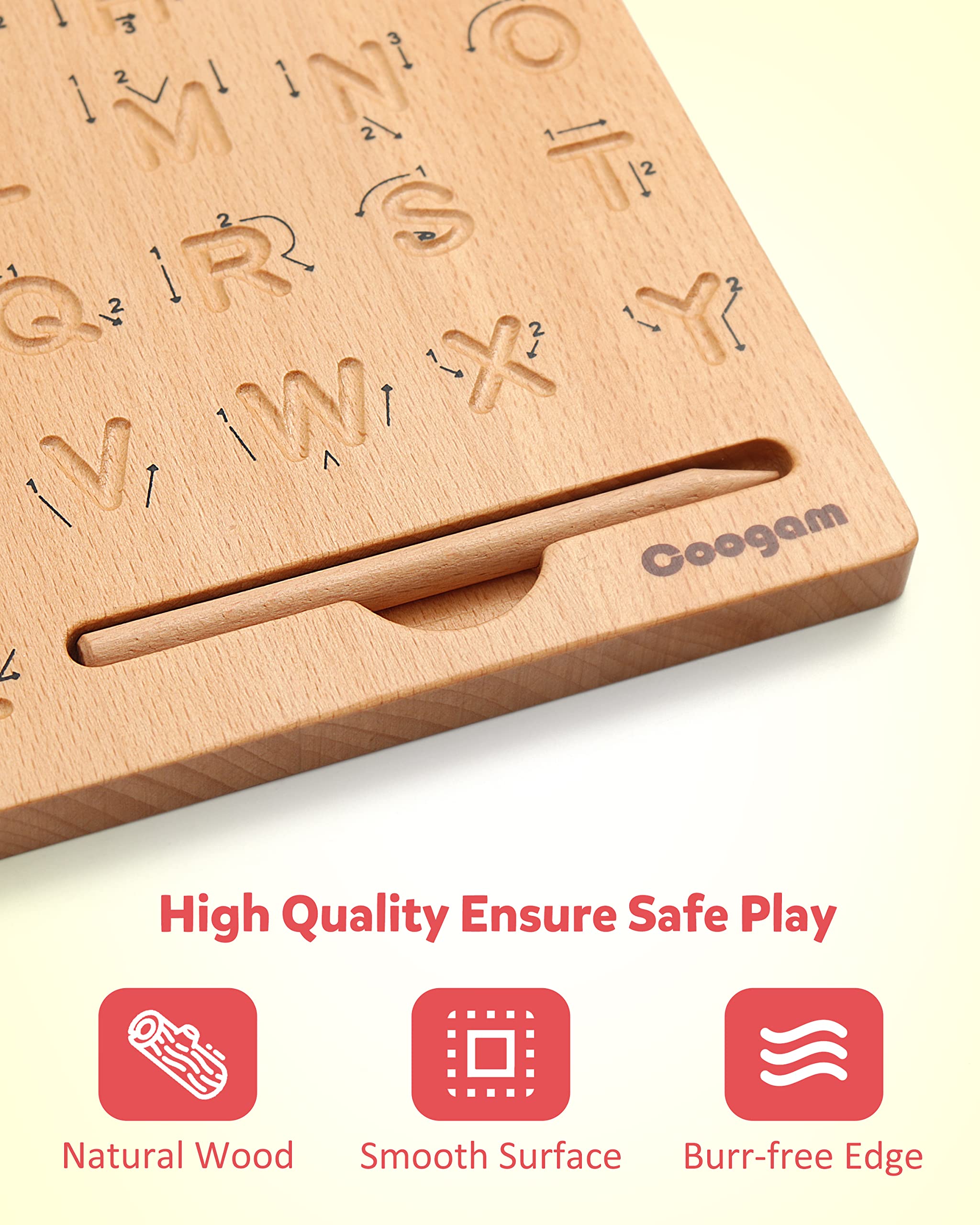 Coogam safe natural wood materials with smooth edges for kids.