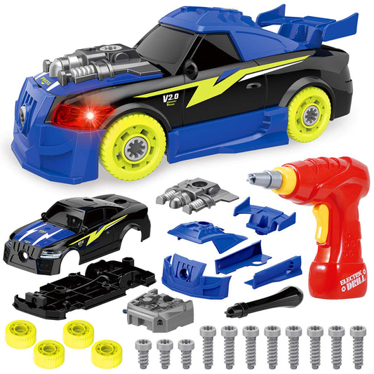 Coogam take apart racing car with electric screwdriver during assembly, enhancing fine motor skills.