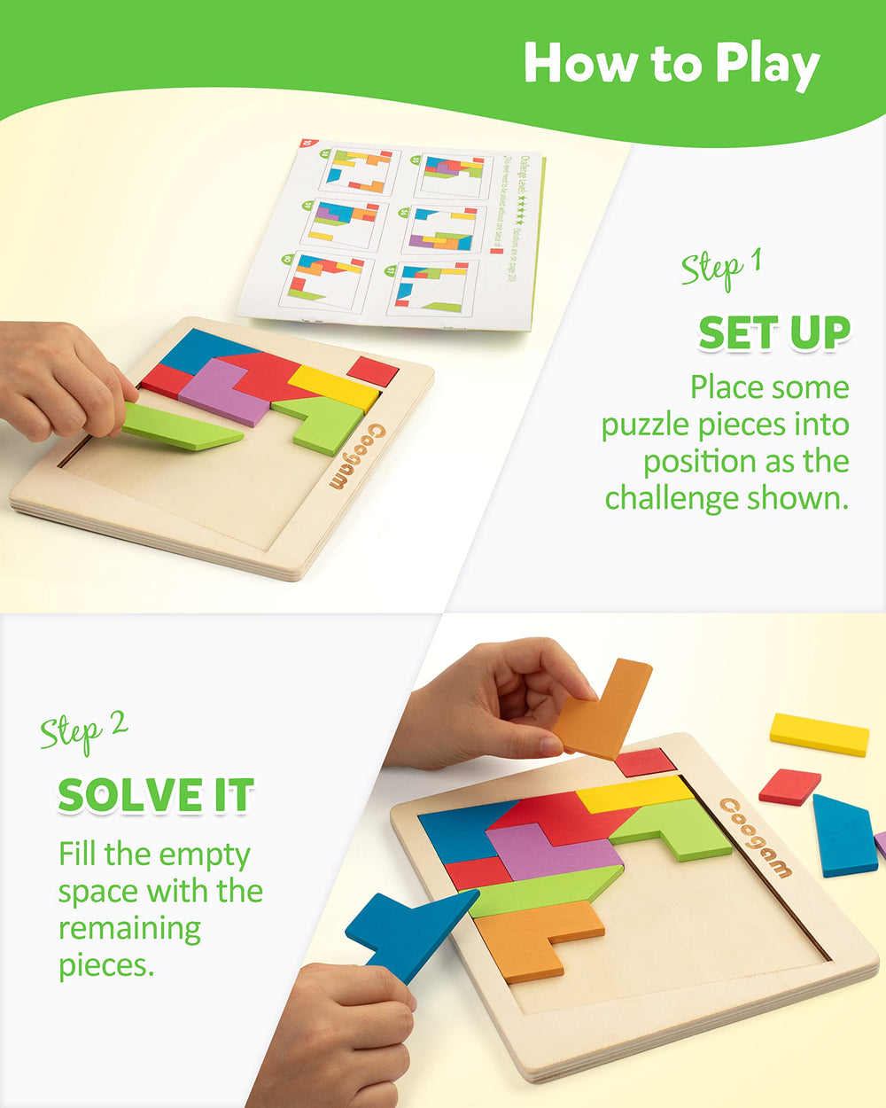 Coogam tangram board with instructions supports step-by-step pattern assembly