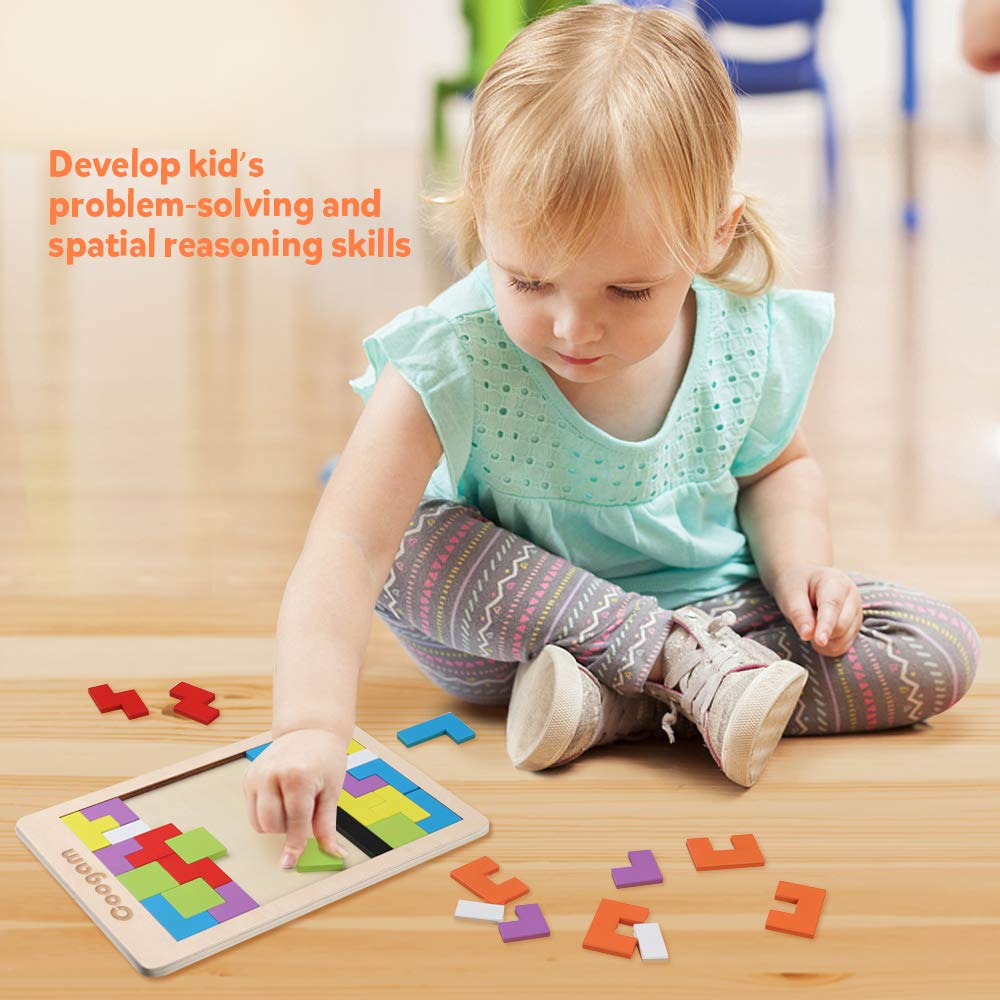 Coogam Tangram brain teaser pieces closeup highlights bright colors for visual recognition.