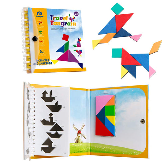 Coogam travel tangram book open; portable road trip activity for kids and adults.