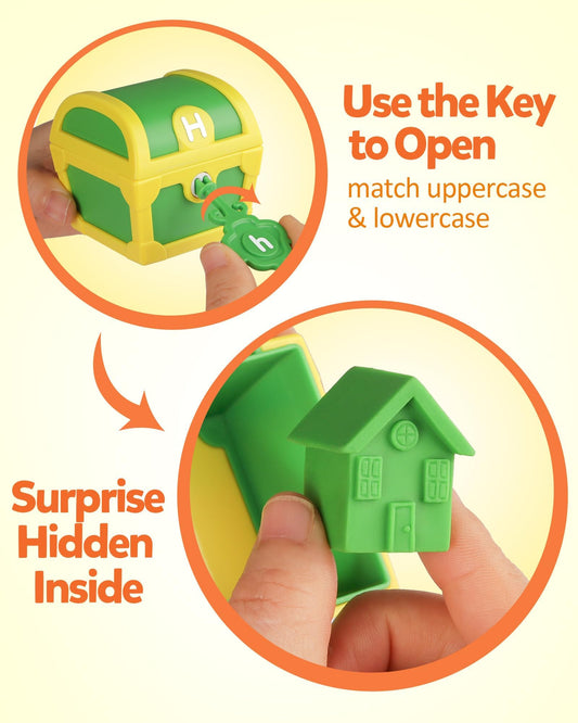 Coogam treasure boxes with letter-matching lids support active vocabulary learning.