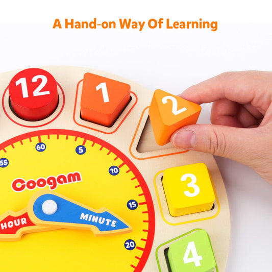 Coogam wooden clock-face with movable hands encourages time-telling exploration.