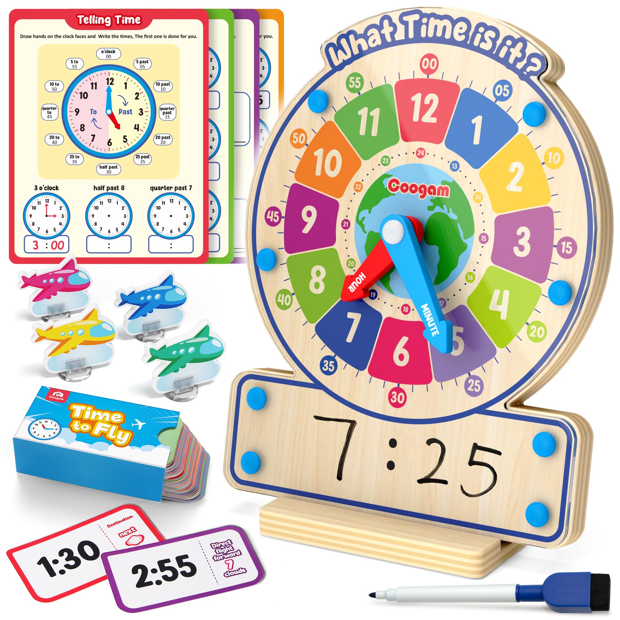 Coogam wooden clock toy with rotating hands for time-telling learning at home.