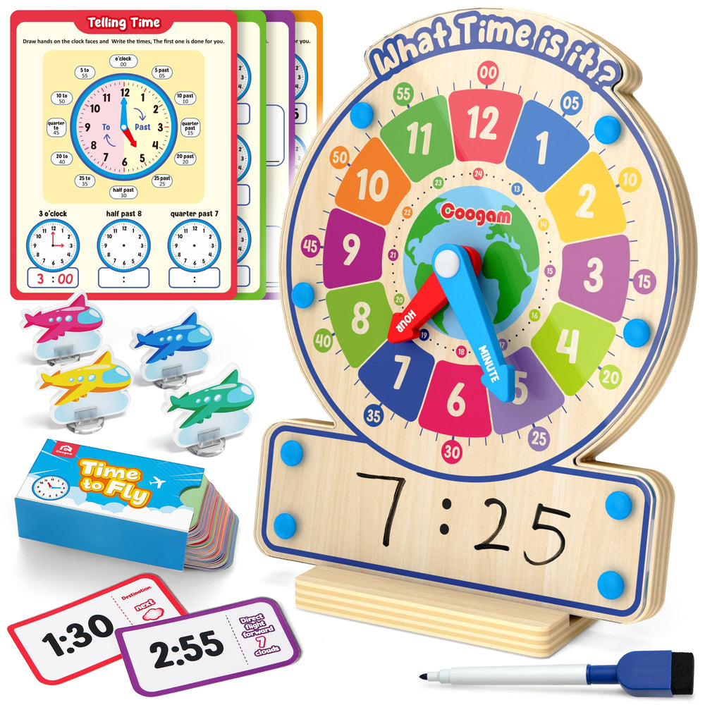 Coogam wooden clock toy with rotating hands for time-telling learning at home.