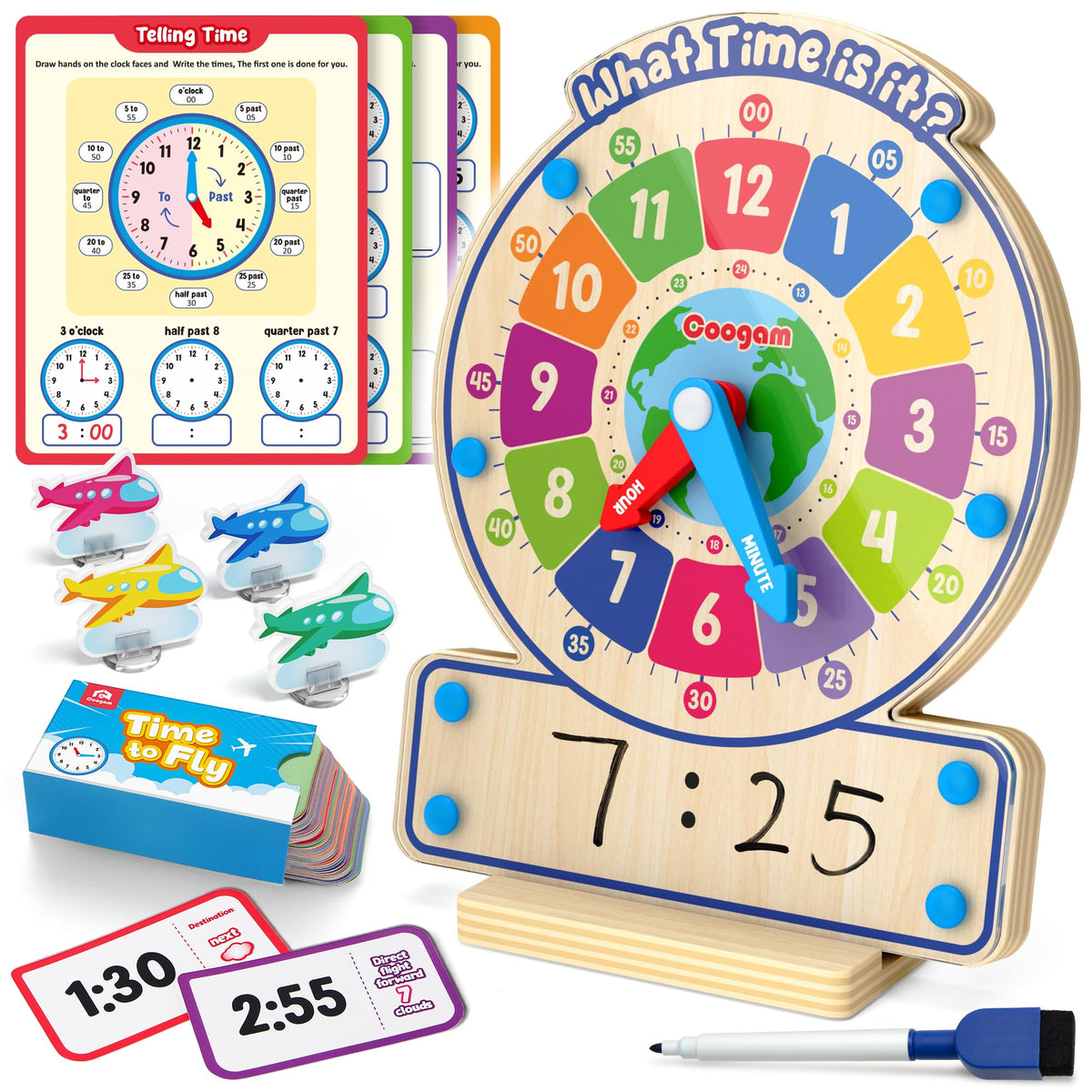 Coogam wooden clock toy with rotating hands for time-telling learning at home.