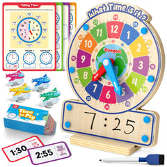 Coogam wooden clock toy with rotating hands for time-telling learning at home.