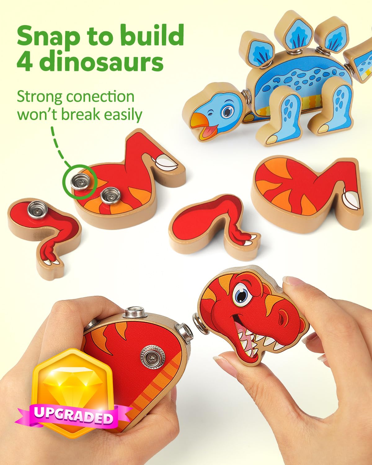 Coogam wooden dino pieces closeup heads show color-coded connectors for easy building