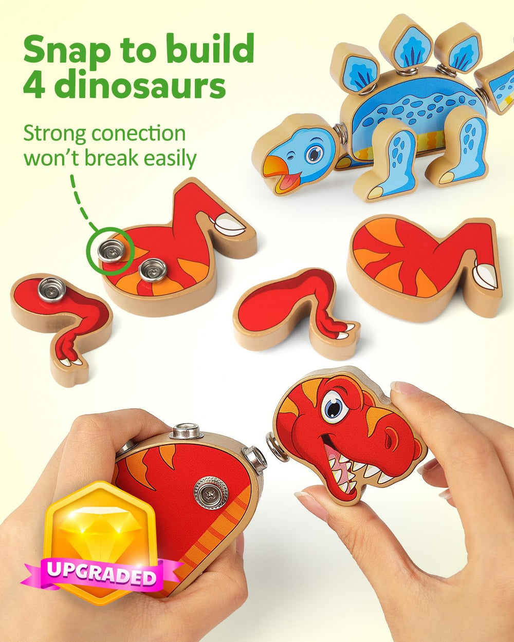 Coogam wooden dino pieces closeup heads show color-coded connectors for easy building