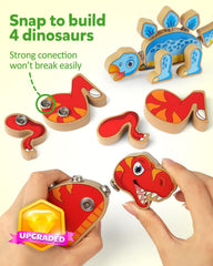 Coogam wooden dino pieces closeup heads show color-coded connectors for easy building