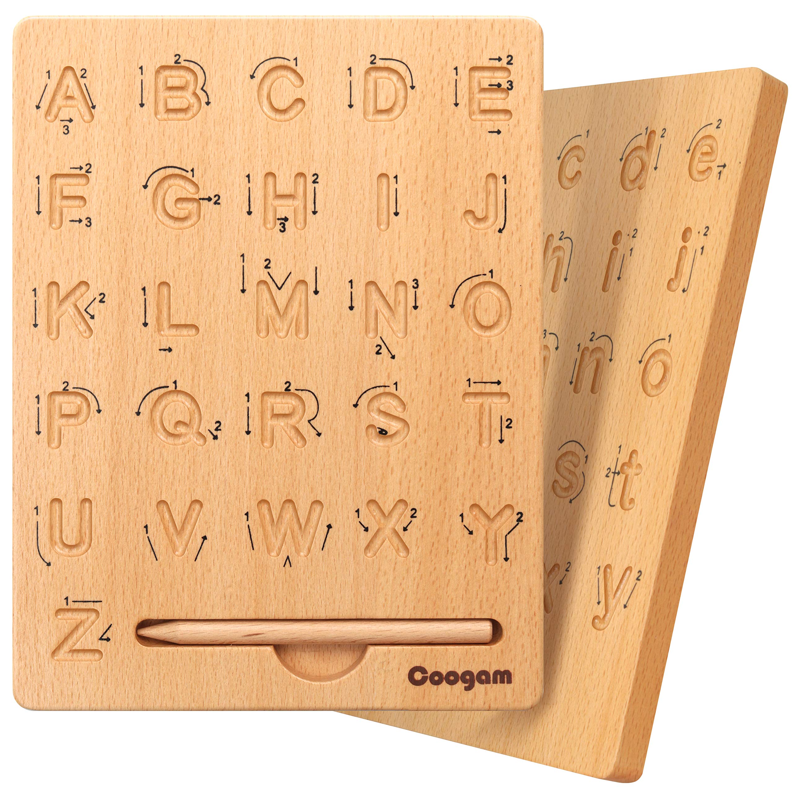 Coogam wooden letters board front view for portable writing practice.