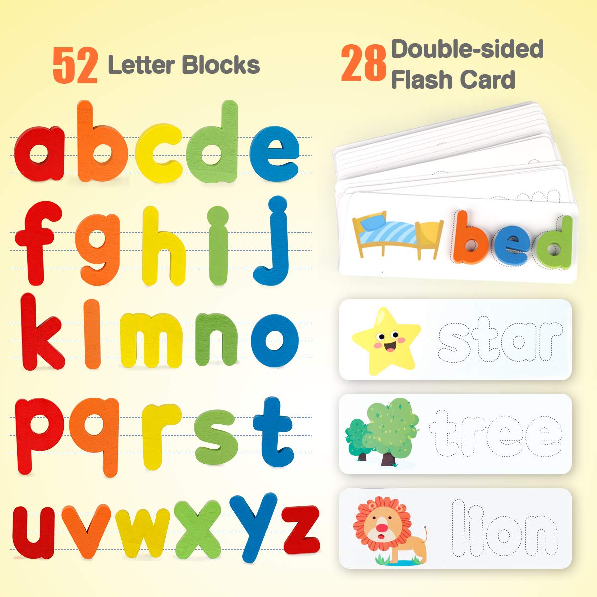 Coogam wooden lowercase letters arranged for hands-on letter recognition.
