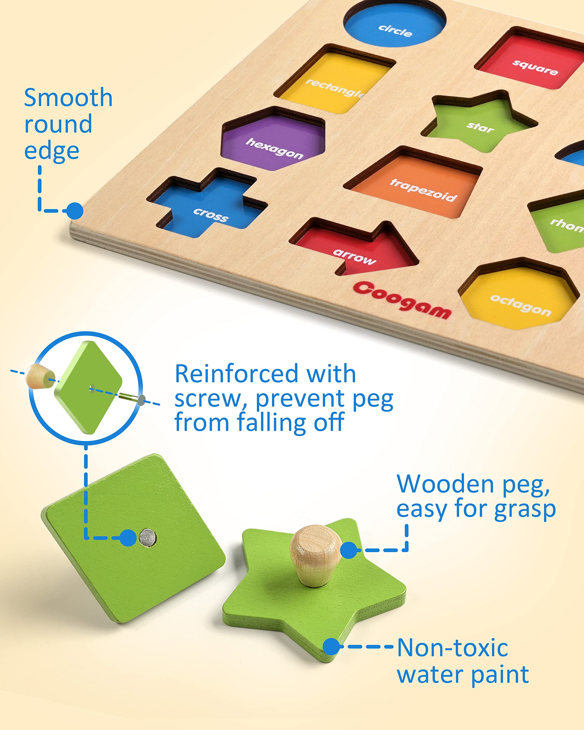Coogam wooden board offers tactile play with color and shape patterns.
