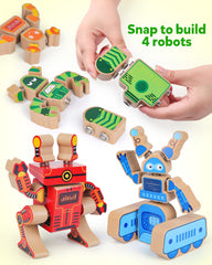 Wooden robot head pieces in bright colors for mix-and-match building