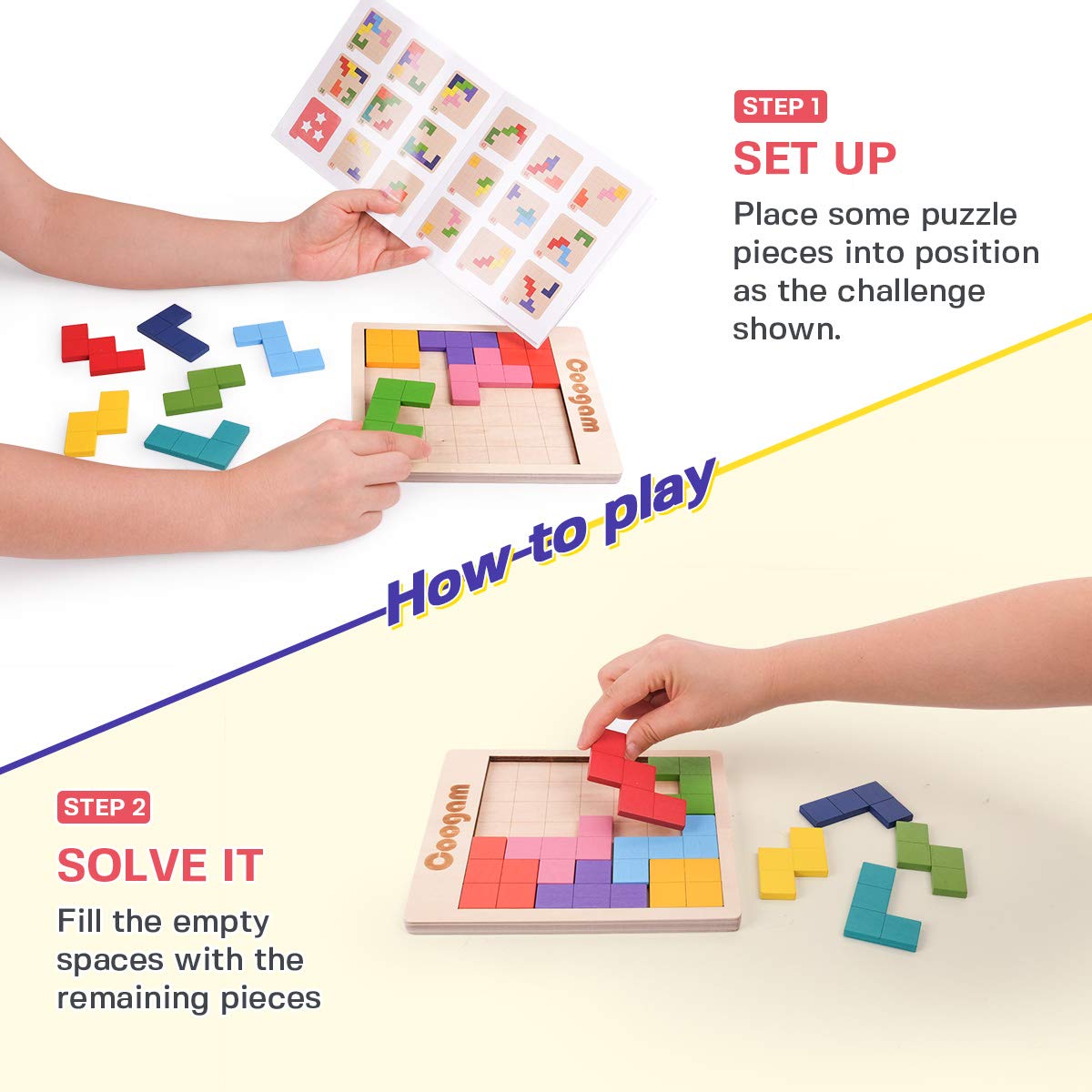 Coogam wooden tangram pieces with varied shapes for creative challenges.