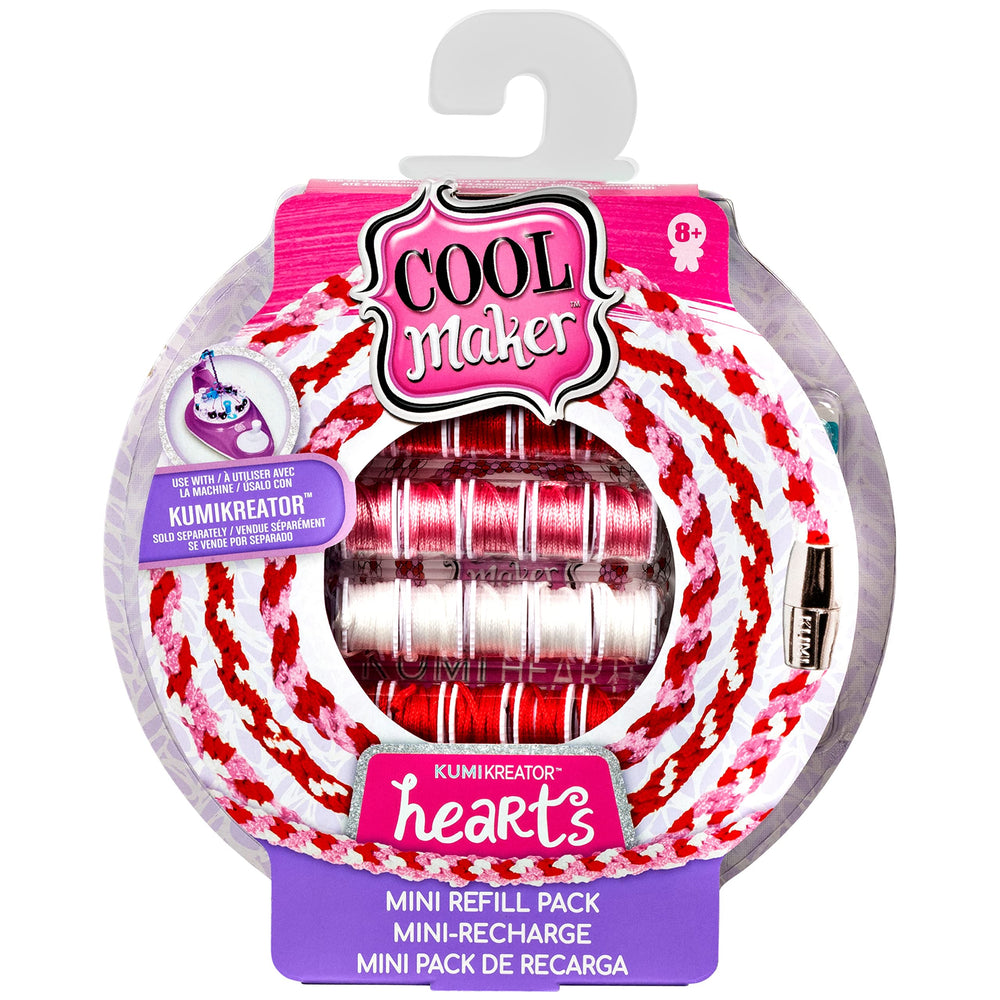 Cool Maker KumiKreator Hearts spools enable quick, colorful bracelet weaving.