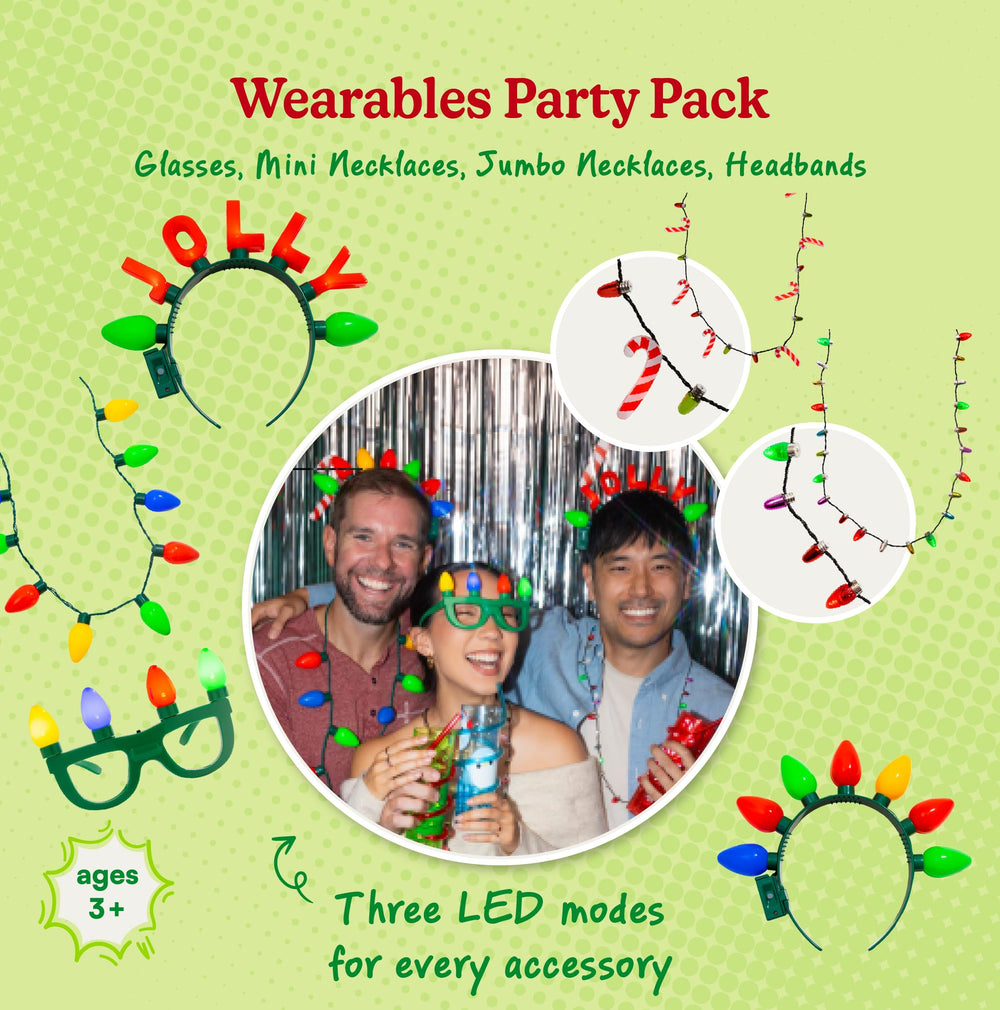 Cool Things Corp light-up Christmas necklace closeup showing vibrant LEDs.