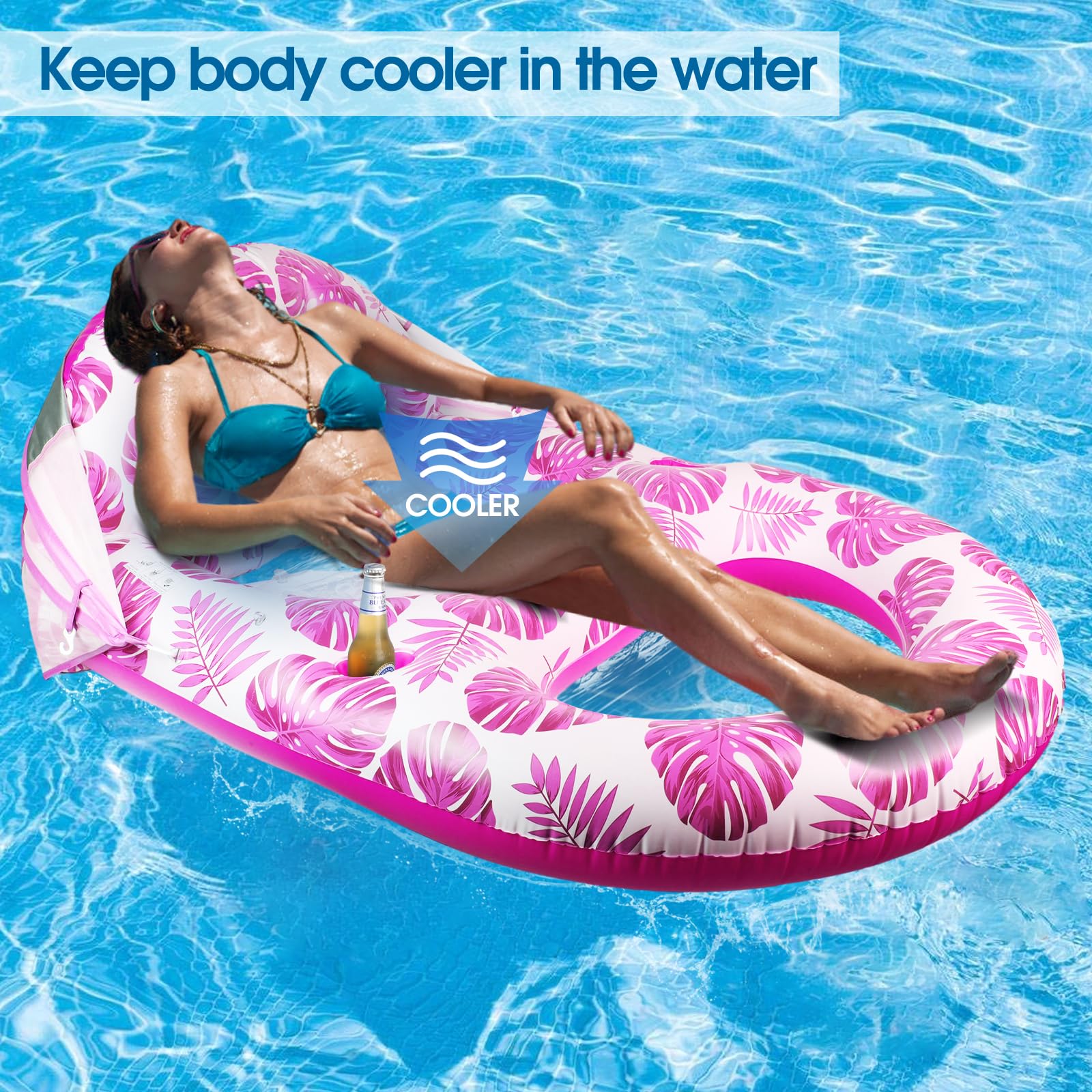 COOLCOOLDEE extra-large float supports up to 300 pounds for spacious comfort.