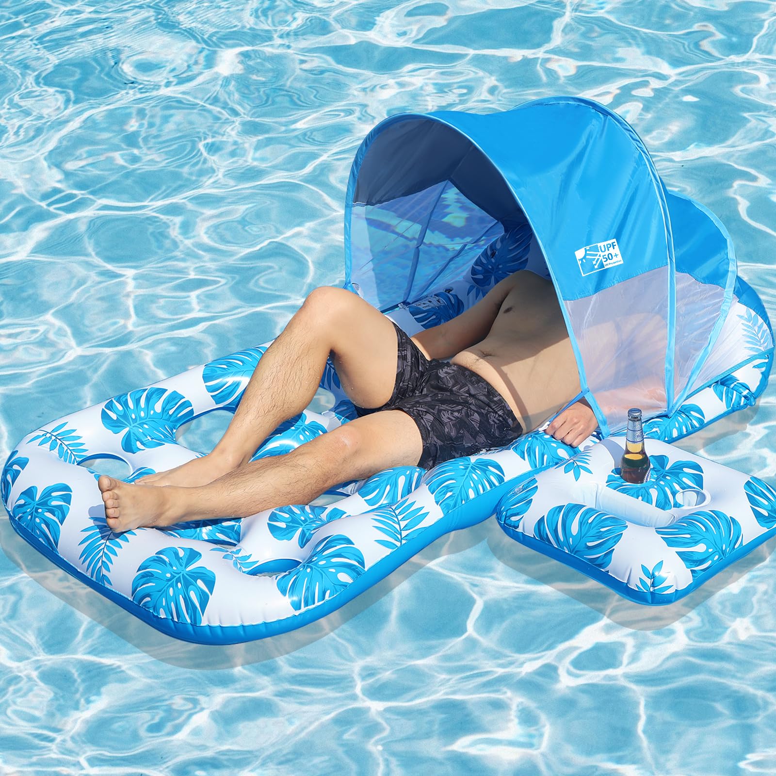 COOLCOOLDEE inflatable pool float with UPF 50+ canopy, ideal sun protection during lounging.