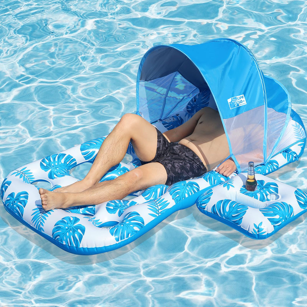 COOLCOOLDEE inflatable pool float with UPF 50+ canopy, ideal sun protection during lounging.