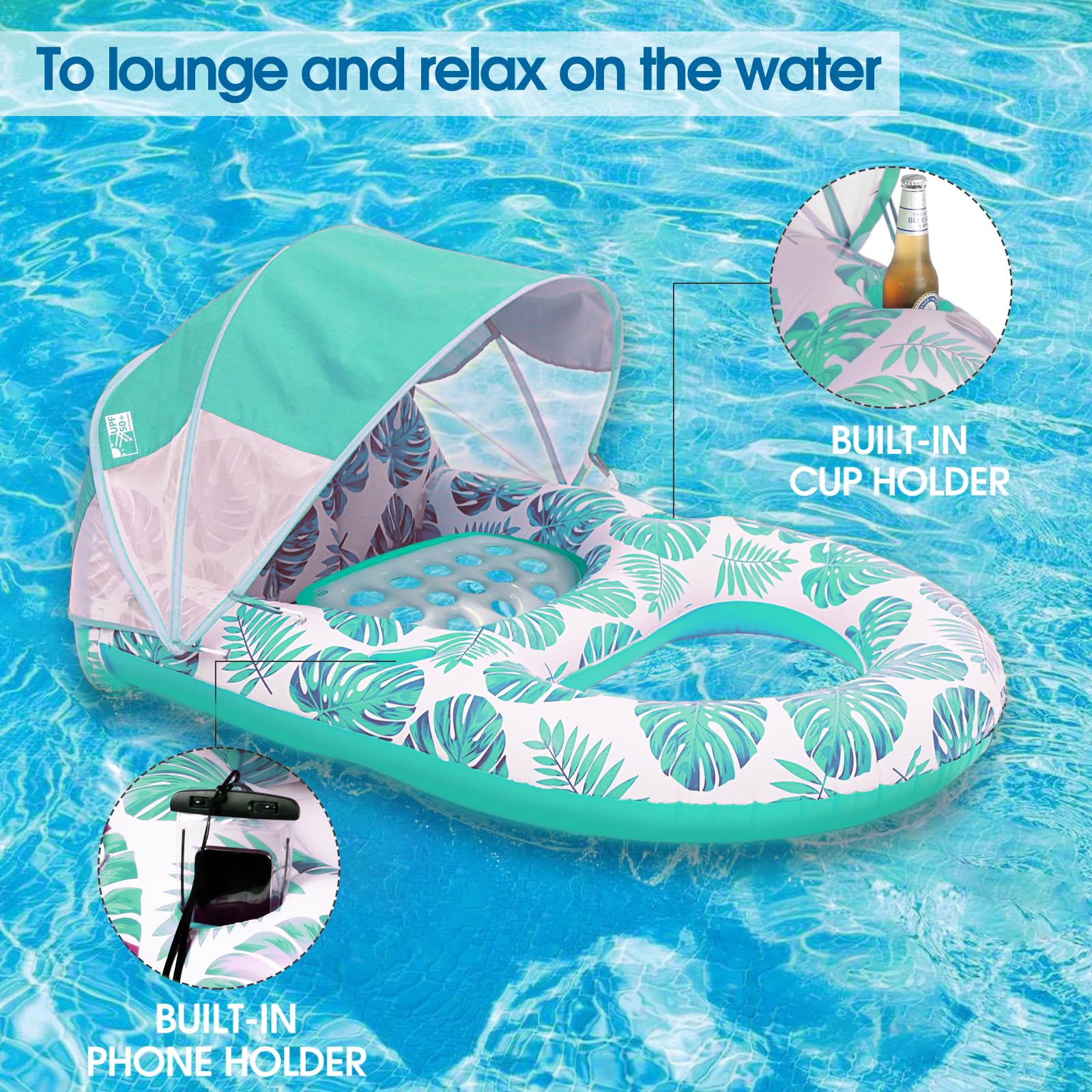 COOLCOOLDEE pool lounge float includes phone holder for hands-free use.