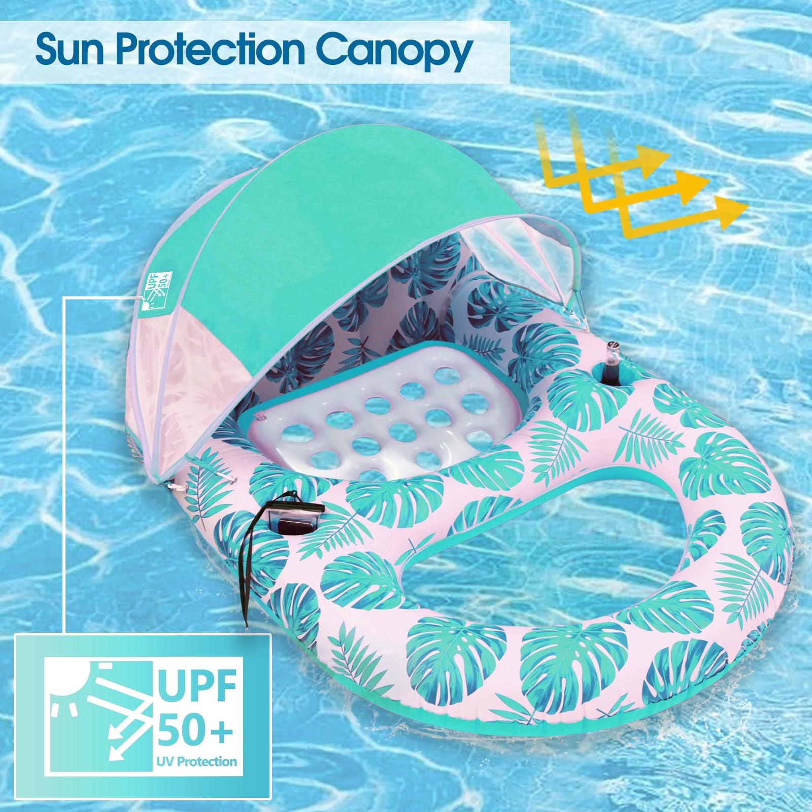 COOLCOOLDEE pool lounge float with UPF50+ shade fabric for sun protection.