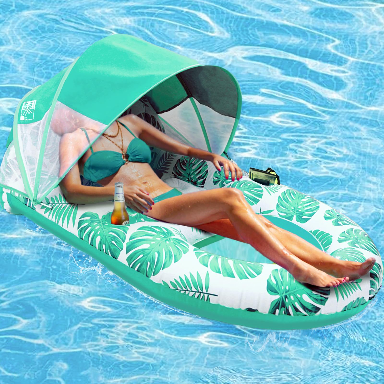 COOLCOOLDEE pool lounge float with canopy shading the user under bright sun.