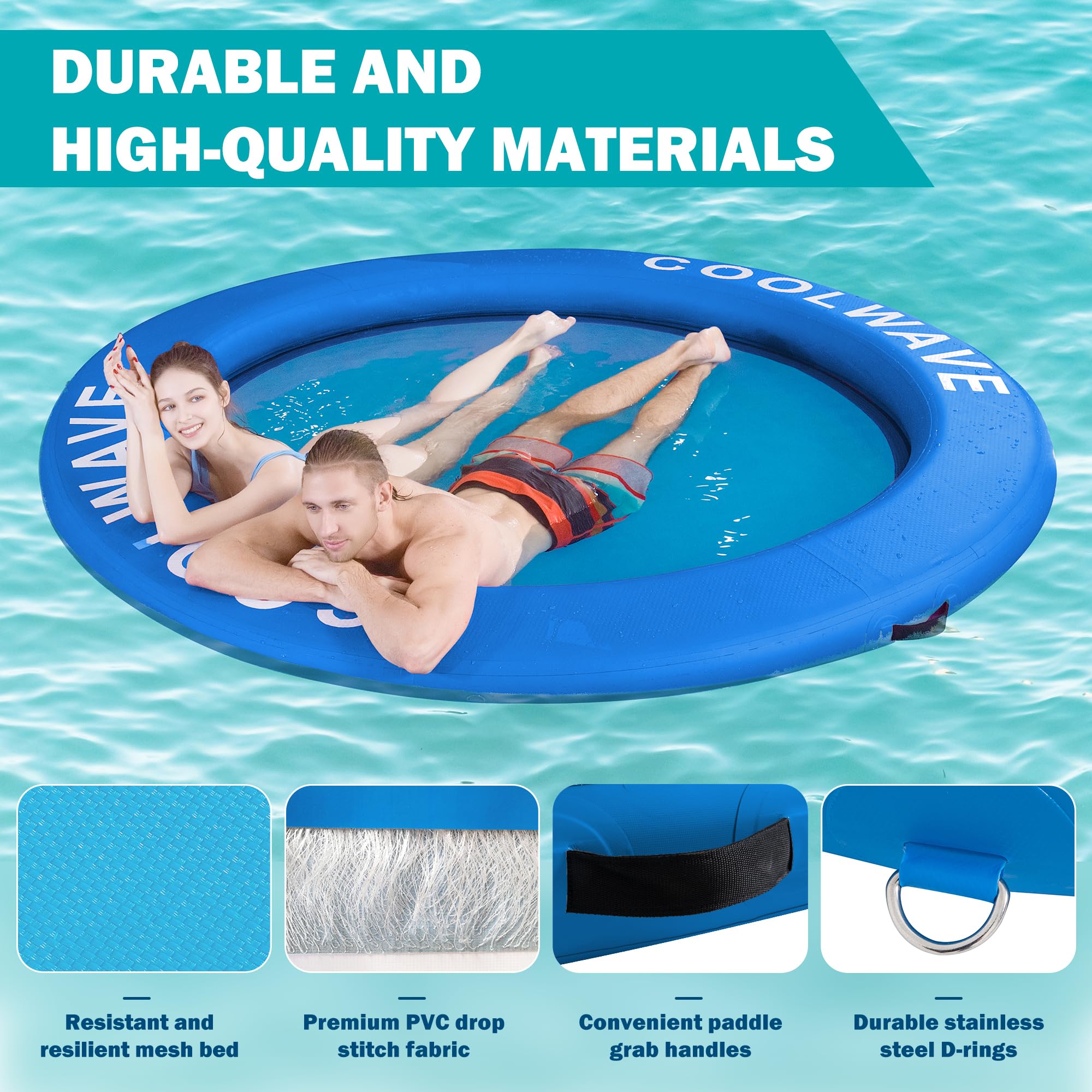 CoolWave 12ft blue hammock afloat for group relaxation on open water