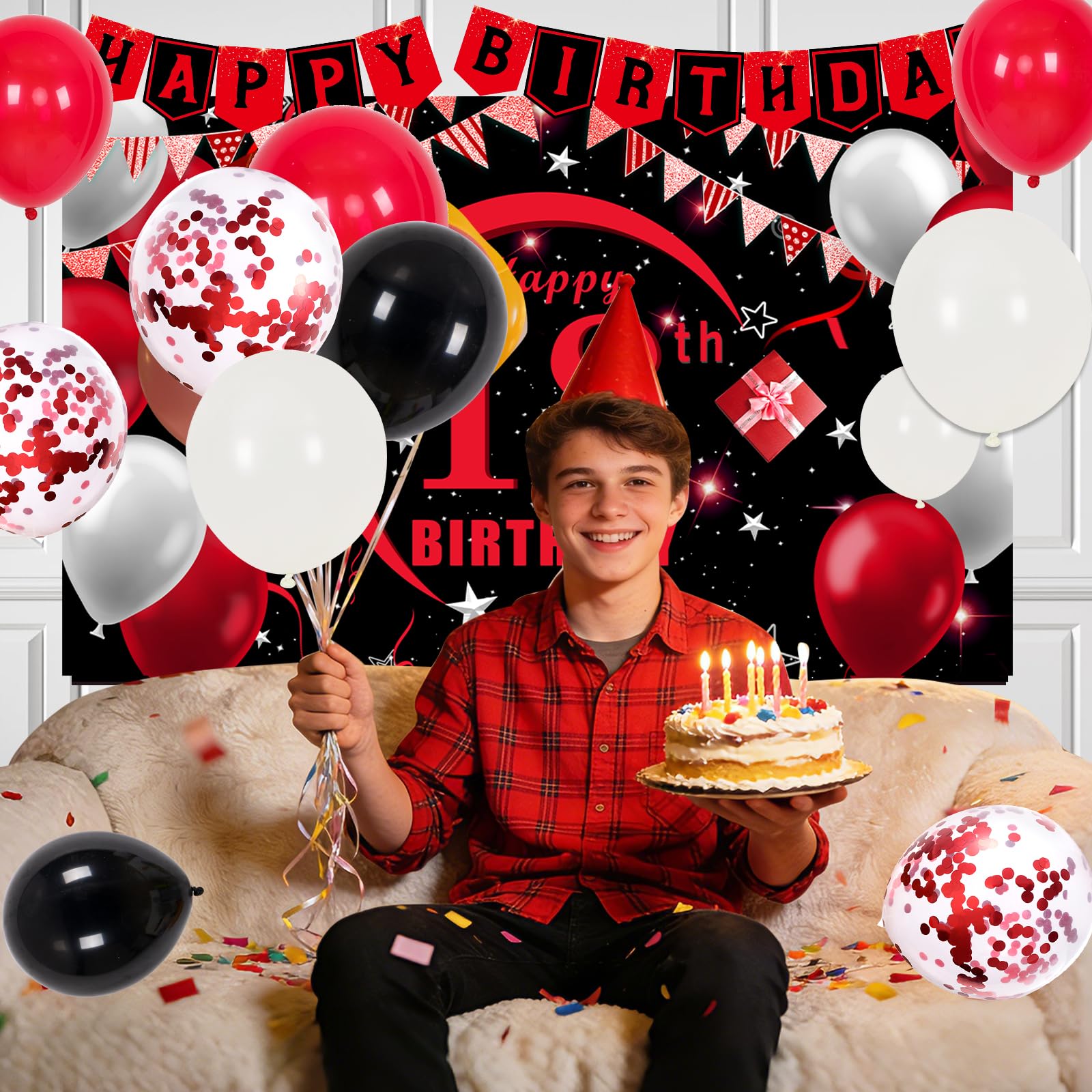 Coosilion red confetti balloons brighten the party decor.