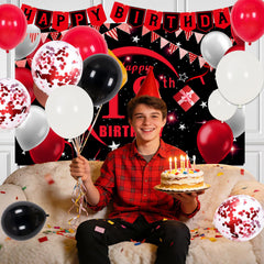 Coosilion red confetti balloons brighten the party decor.