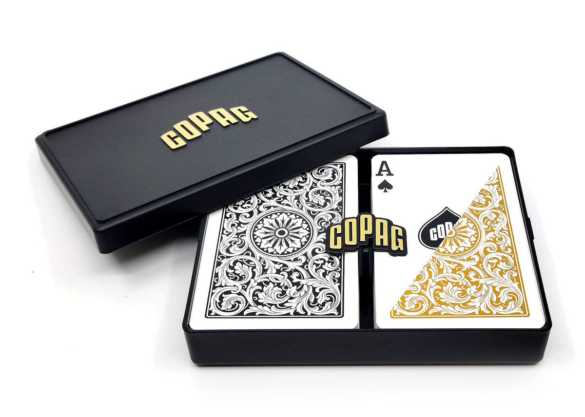 Copag 1546 bridge narrow front view with black and gold design for stylish play