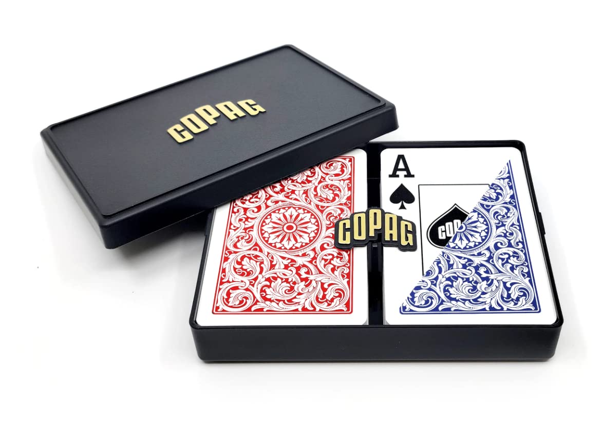 Copag 1546 design deck in red and blue with bridge-size narrow cards