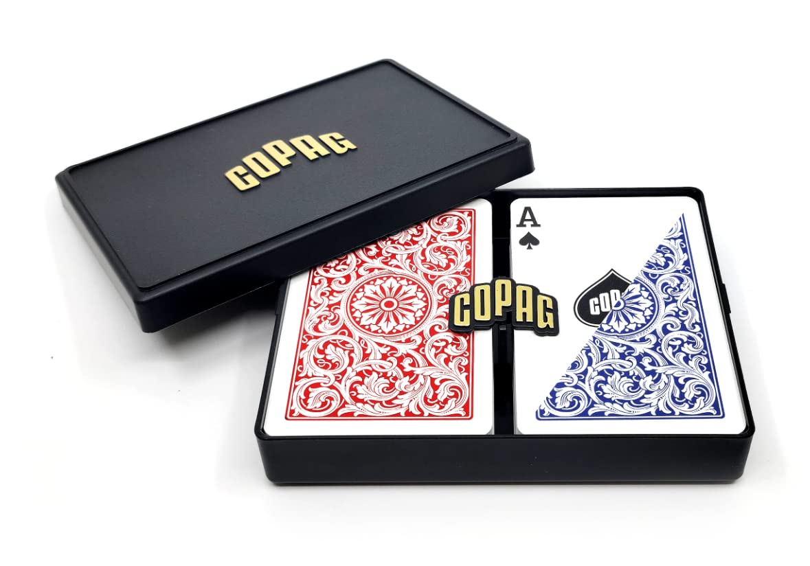 Copag 1546 Design bridge-size cards on table with red/blue backs for casual play