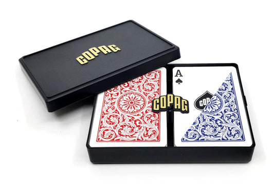 Copag 1546 Design bridge-size cards on table with red/blue backs for casual play