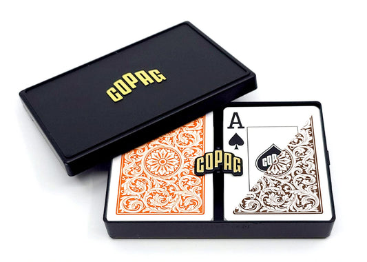 Copag 1546 double-deck playing cards in orange-brown case for durable storage during game nights.