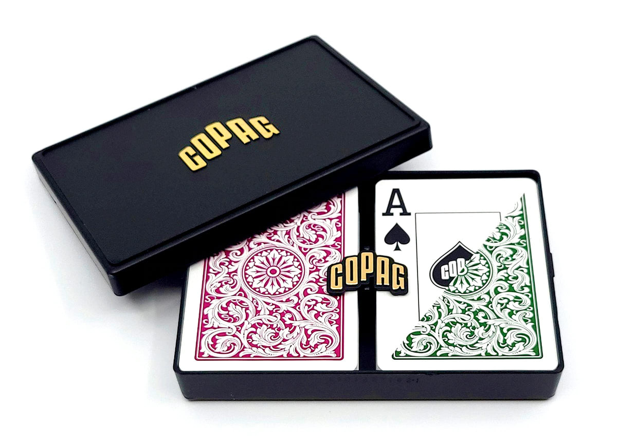 Copag 1546 Design green burgundy back cards with durable plastic feel for frequent game nights.