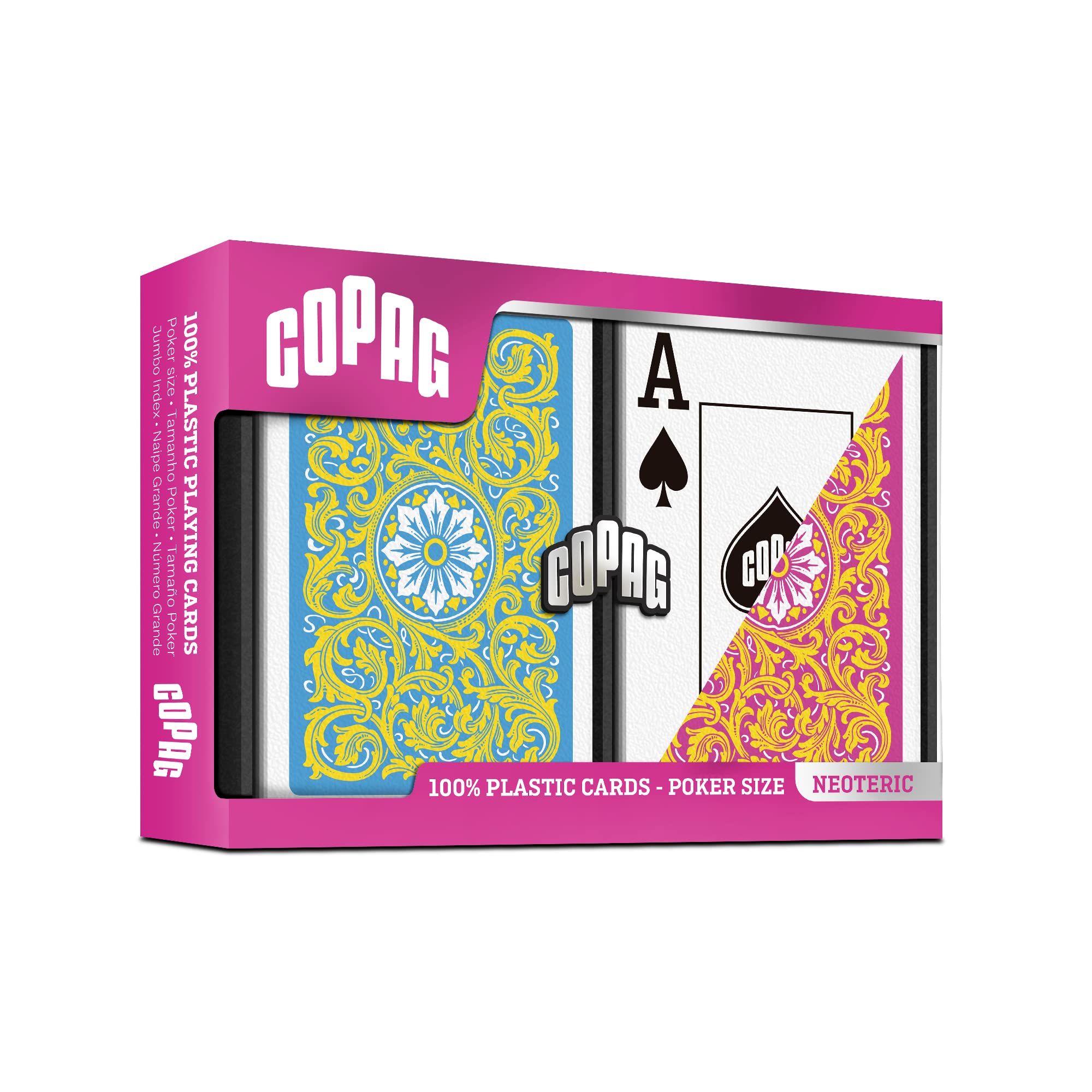Copag 1546 neoteric front face in yellow-pink-blue for quick recognition.
